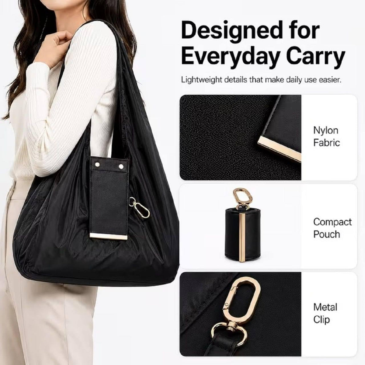 Premium Foldable Shopping Bag with PU Leather Storage Pouch & Keychain Clip | Waterproof Grocery Tote | Portable Eco-Friendly Travel, Shopping uses