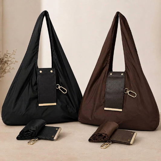 Premium Foldable Shopping Bag with PU Leather Storage Pouch & Keychain Clip | Waterproof Grocery Tote | Portable Eco-Friendly Travel, Shopping uses