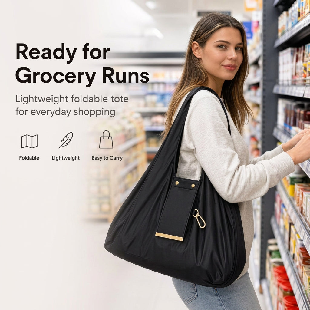 Premium Foldable Shopping Bag with PU Leather Storage Pouch & Keychain Clip | Waterproof Grocery Tote | Portable Eco-Friendly Travel, Shopping uses