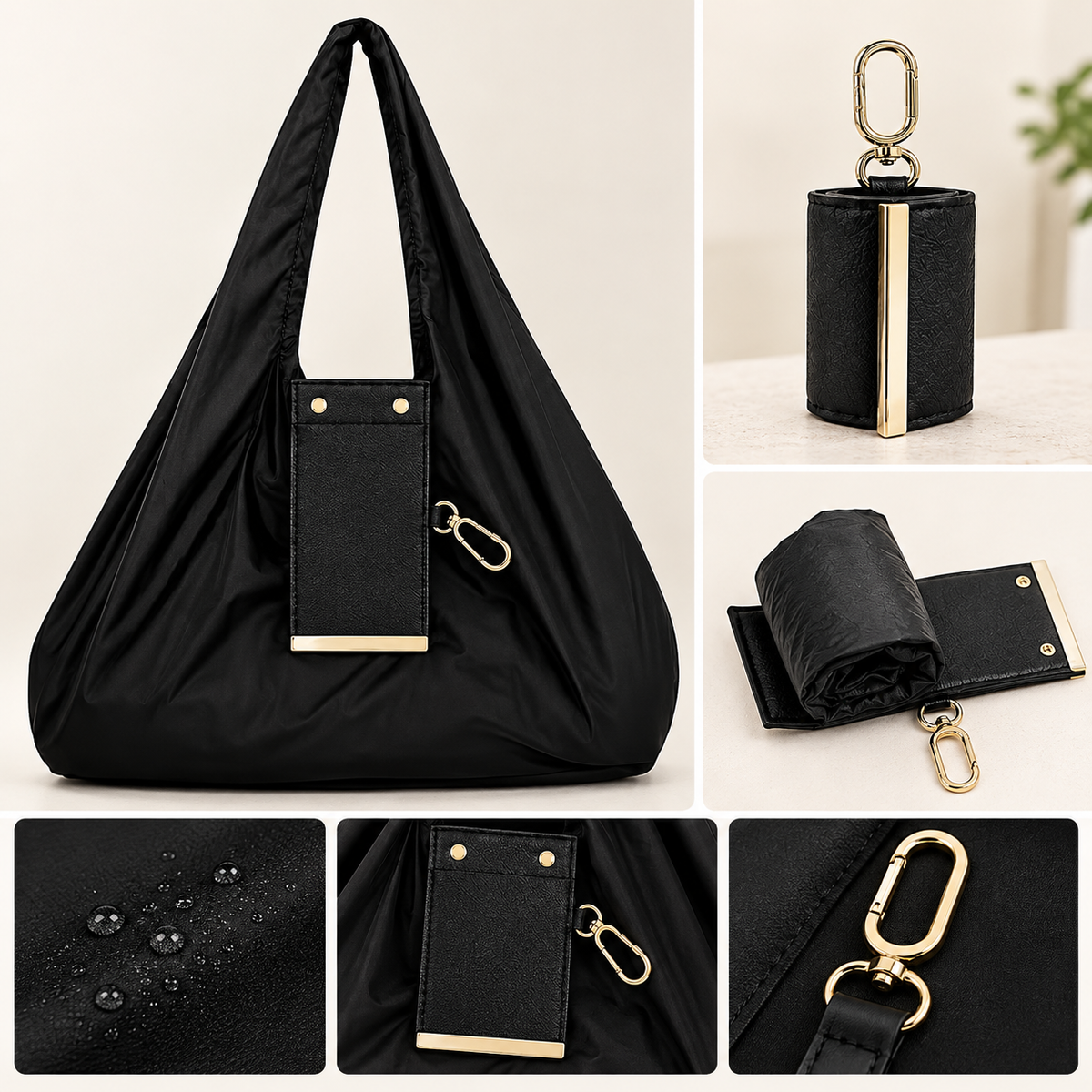 Premium Foldable Shopping Bag with PU Leather Storage Pouch & Keychain Clip | Waterproof Grocery Tote | Portable Eco-Friendly Travel, Shopping uses