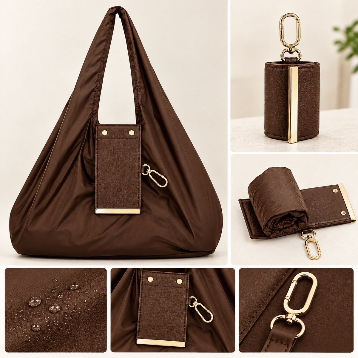 Premium Foldable Shopping Bag with PU Leather Storage Pouch & Keychain Clip | Waterproof Grocery Tote | Portable Eco-Friendly Travel, Shopping uses