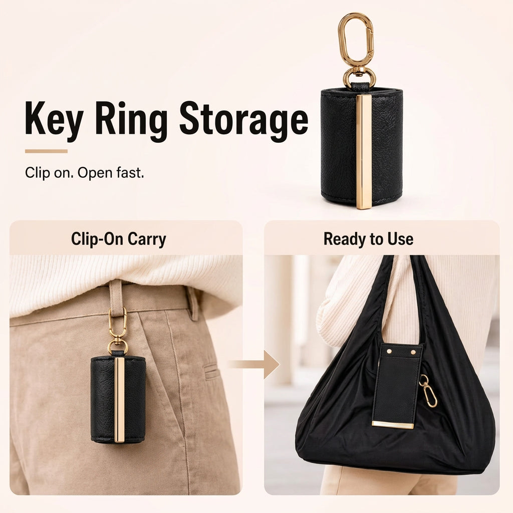 Premium Foldable Shopping Bag with PU Leather Storage Pouch & Keychain Clip | Waterproof Grocery Tote | Portable Eco-Friendly Travel, Shopping uses