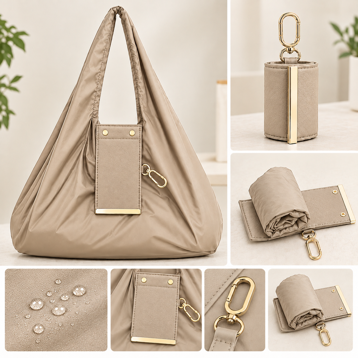 Premium Foldable Shopping Bag with PU Leather Storage Pouch & Keychain Clip | Waterproof Grocery Tote | Portable Eco-Friendly Travel, Shopping uses