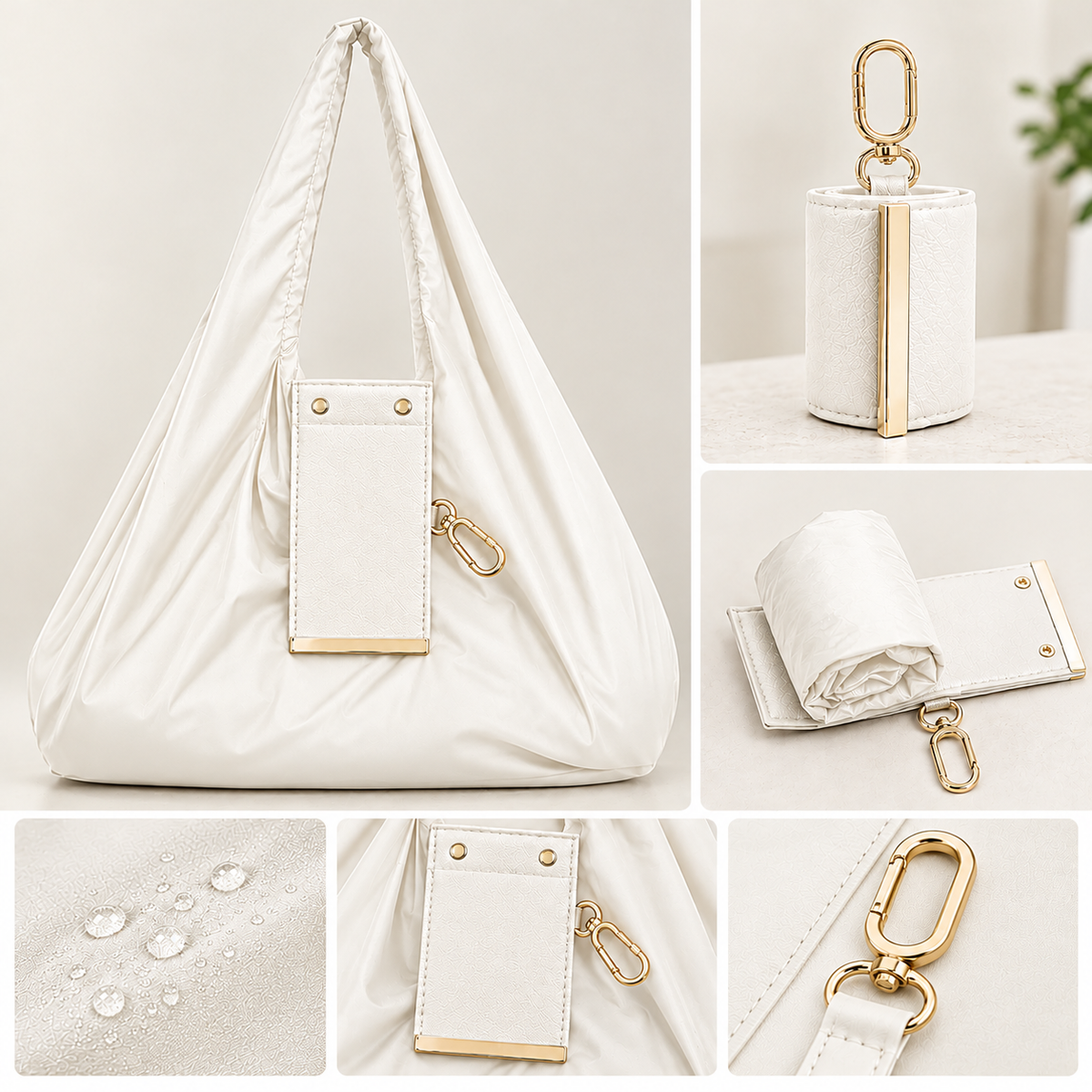 Premium Foldable Shopping Bag with PU Leather Storage Pouch & Keychain Clip | Waterproof Grocery Tote | Portable Eco-Friendly Travel, Shopping uses