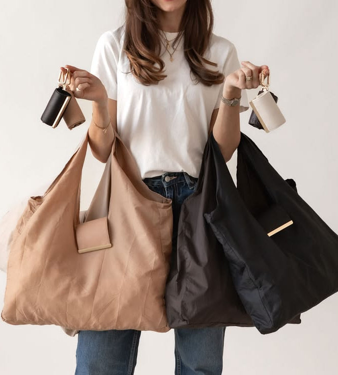 Premium Foldable Shopping Bag with PU Leather Storage Pouch & Keychain Clip | Waterproof Grocery Tote | Portable Eco-Friendly Travel, Shopping uses